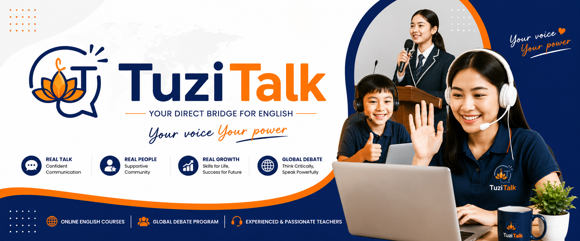 Tuzi Talk cover with students practicing online English, debate, and communication
